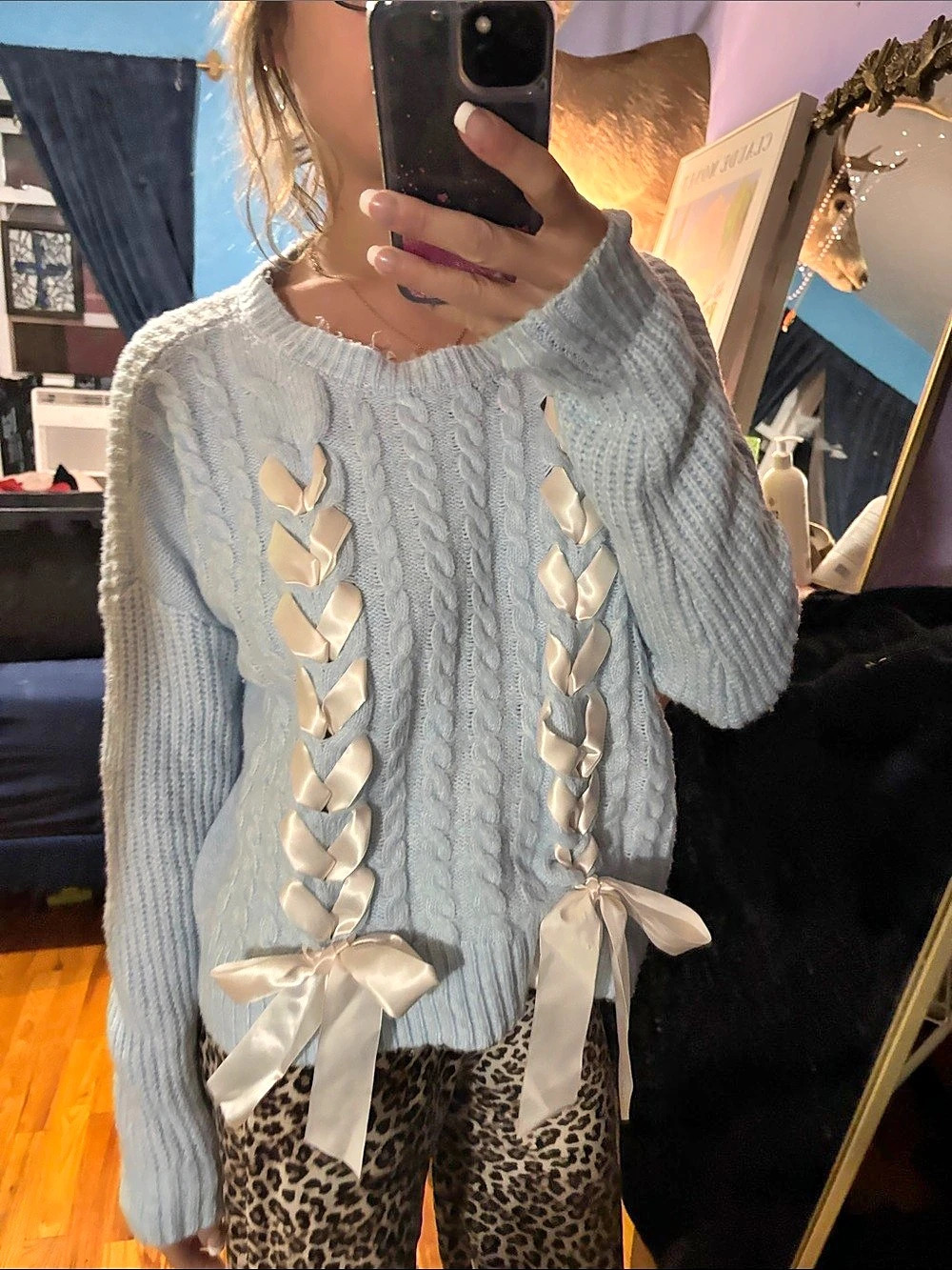 francesca's Avery Lace Up Sweater Blue